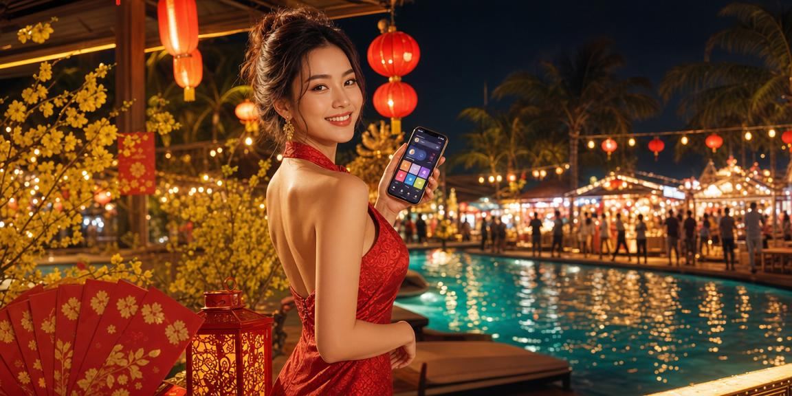 Không khí lễ hội xổ số với đèn lồng đỏ tại Phú Quốc trên nền tảng xsmntt